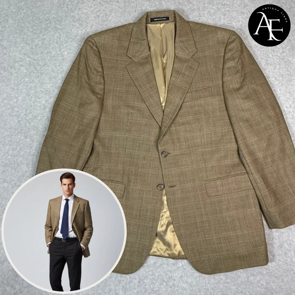 Lauren Ralph Lauren Mens 43R Blazer Silk Wool Glen Check Tan Brown Sport Coat